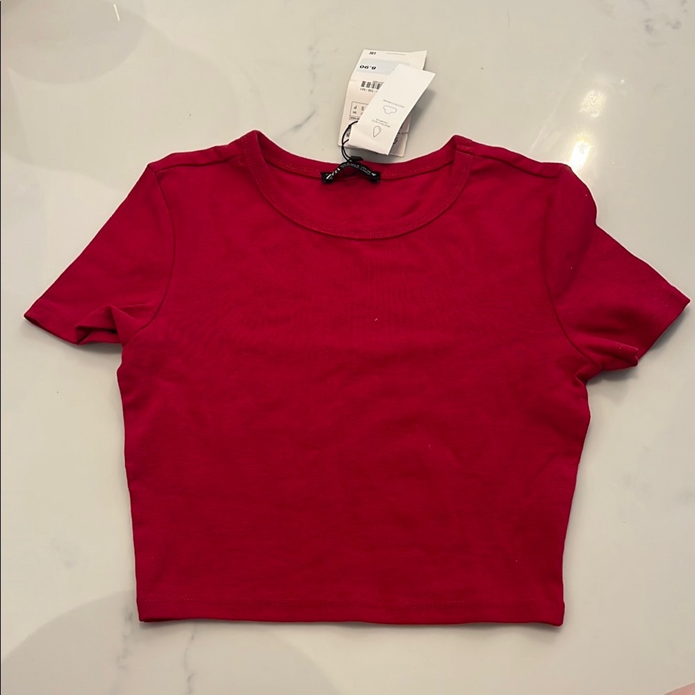 Zara Red Fitted Crop T-Shirt